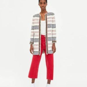 NWOT - Zara Woman Beaded Sequin Tweed Open Coat in Cream Stripe